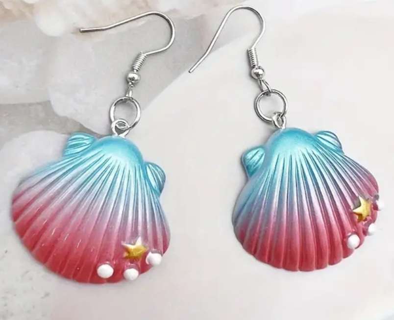 Large Colourful Acrylic Resin  Gradient Pink Blue Scalloped Shell Dangle Earrings