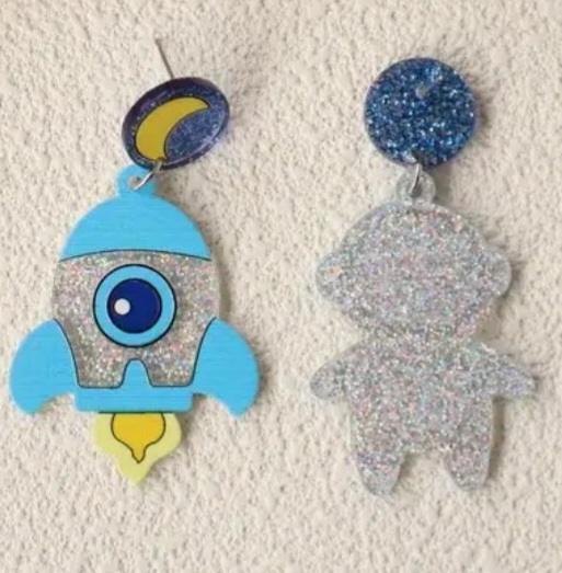 Cute Bright Large Acrylic Cartoon Glitter Sparkle Astronaut Rocket Ship Space Man Drop Earrings