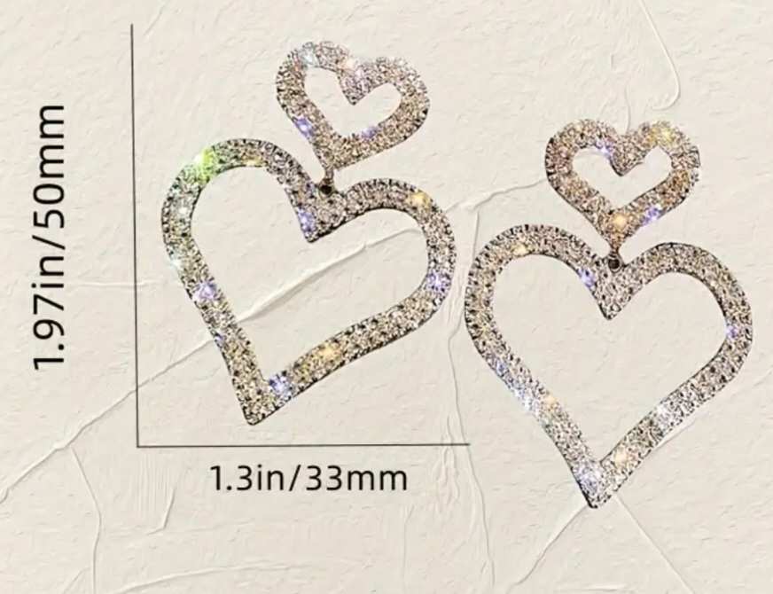 Rhinestone Gold Plated Double Heart Drop Bling Earrings