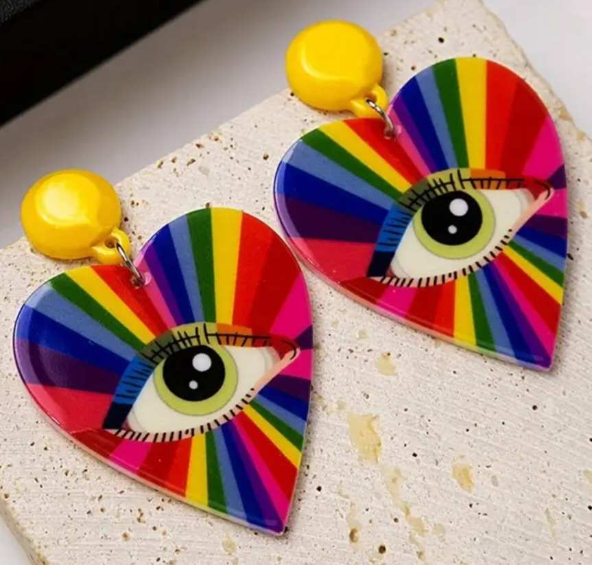 Colourful Acrylic Large  Rainbow Heart Eye Drop Dangle Earrings