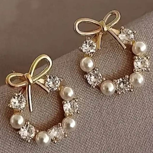 Gold Plated Very Sweet And Sparkly Imitation Pearl With Rhinestone Bow Ring Design Stud Earrings