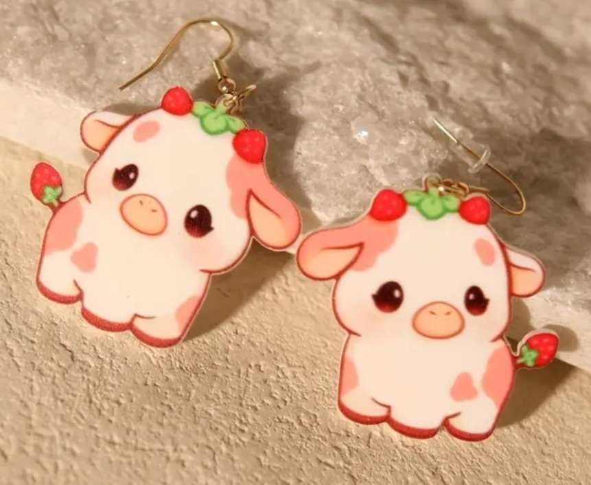 Cute Kawaii Acrylic Piglet Pigs With Strawberry Accents Dangle Earrings