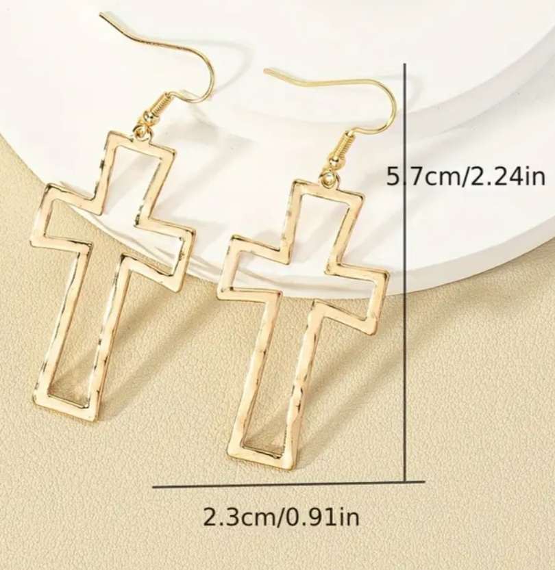 Gold Plated Large Hammered Metal Hollow Cross Dangle Earrings