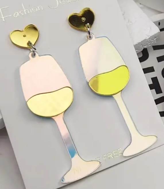 Shiny Acrylic Mirror-Like Finish White Yellow Wine Glass Dangle Drop Earrings