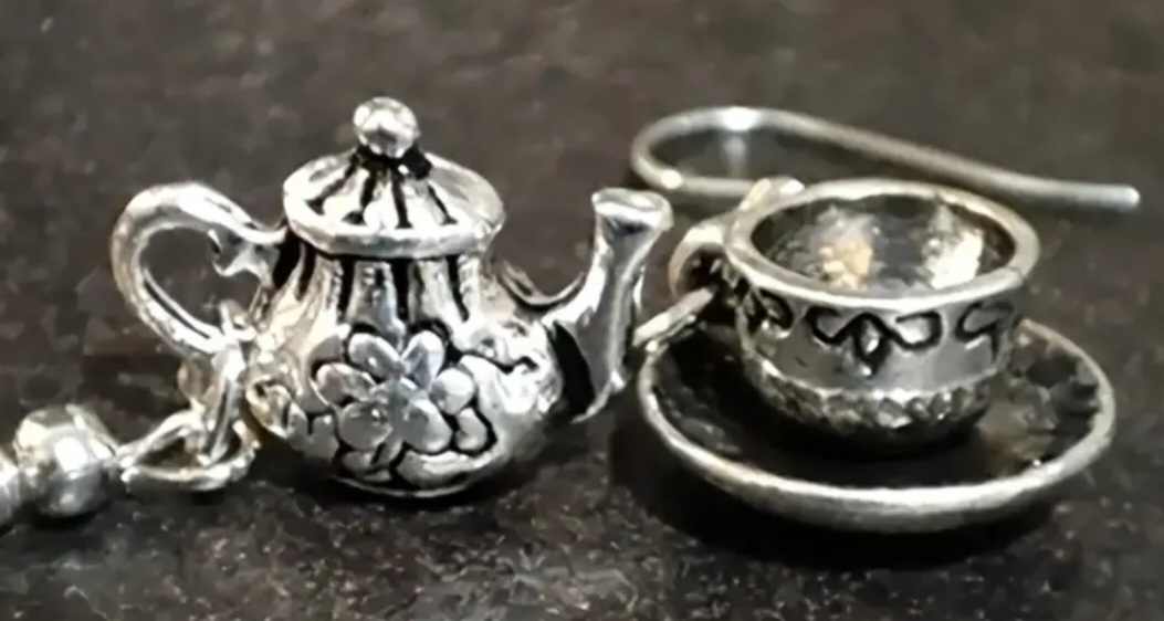 Antique Look Bohemian  Boho Vintage Look Small Metal Tea Cup Saucer And Tea Pot Retro Silver Tone  Dangle Earrings