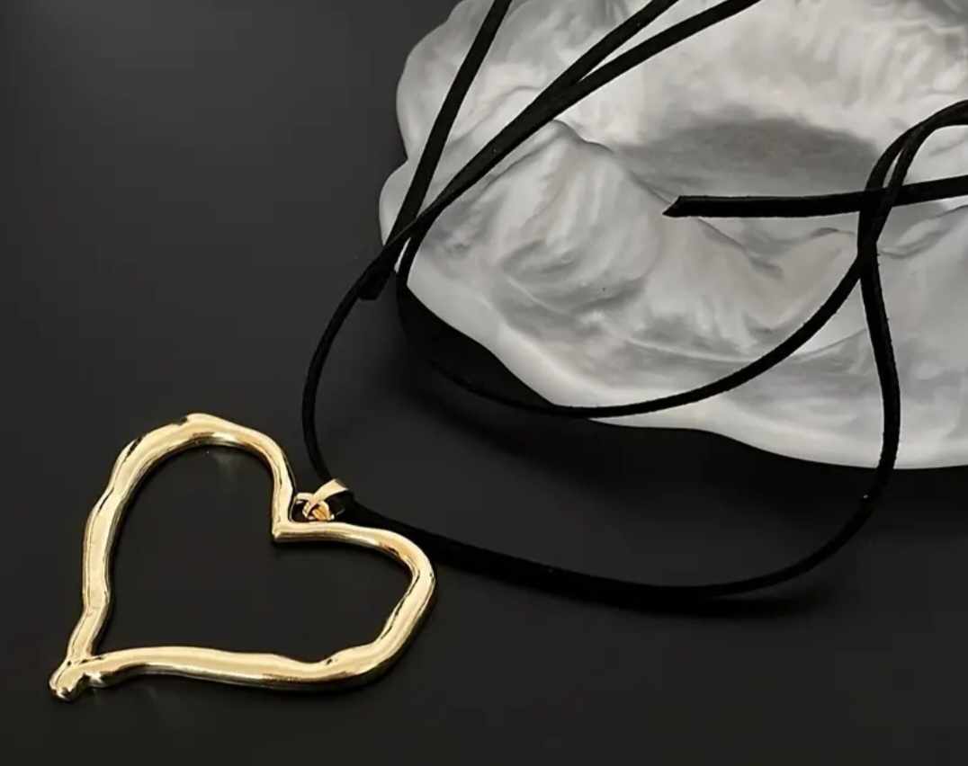 Giant Gold Plated Hollow Heart On Long Black Cord With Matching Large Heart Earrings