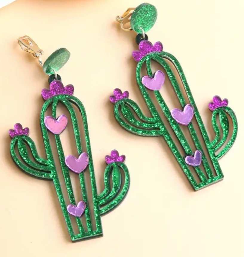 Extra Large Super Sparkly CLIP ON Glittery Cactus and Pink Heart Drop Earrings