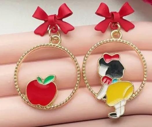 Mismatch Princess Snow White Inspired  Poison Apple Red Bow Silver Plated Enamel Drop Earrings