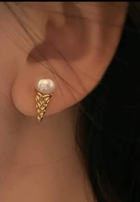 Gold Plated Faux Pearl Ice Cream Design Studs