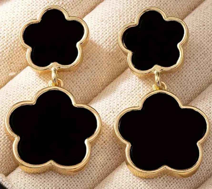 Flower 5 Petal  Design Classy Metal Black Enamel Gold Plated Double Drop Dangle Earrings