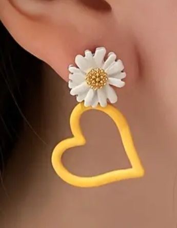 Daisy Flower and Heart White Yellow Painted Enamel Metal Mismatched Stud Earrings