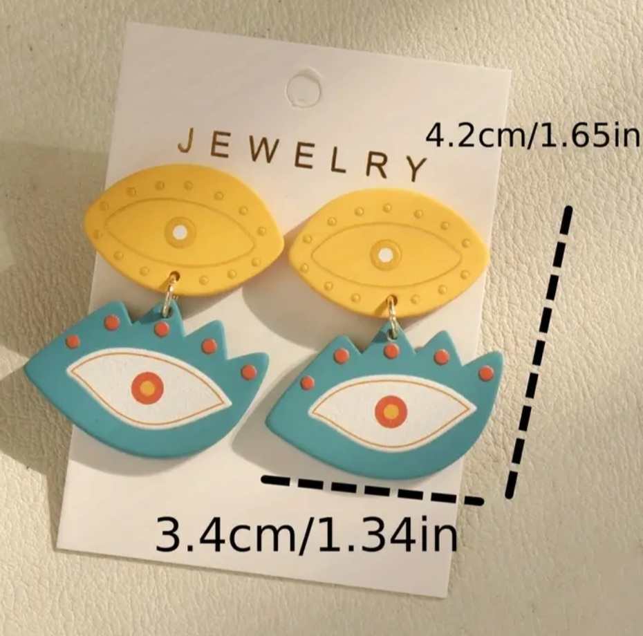 Artistic Bright Colourful  Fun Funky Acrylic  Blue And Yellow Eye Design Drop Dangle Earrings