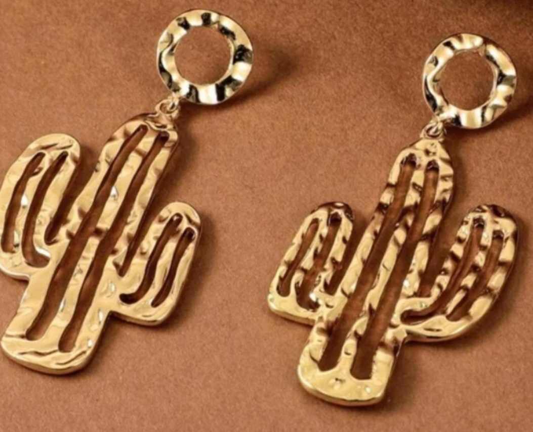 Large Gold Plated Hammered Metal Cactus Dangle Drop Earrings