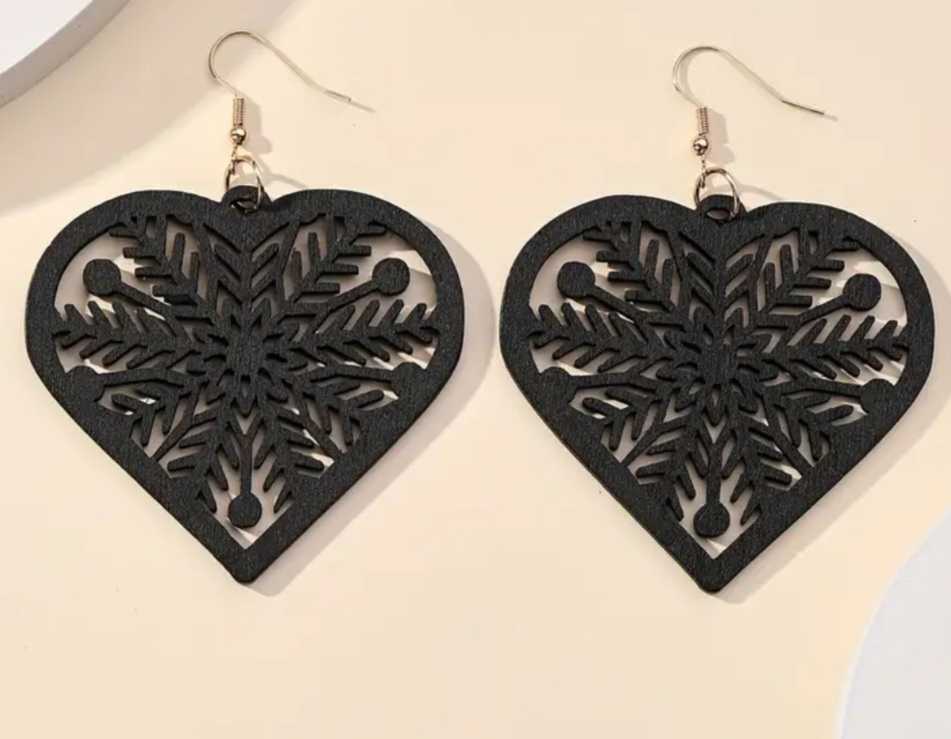 Extra Large Lightweight Unique Black Wood Snowflake Heart design Dangle Earrings