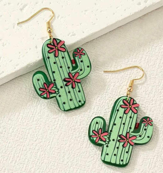 Fun Bright Cartoon Acrylic Green Cactus With Flowers Design Dangle Earrings