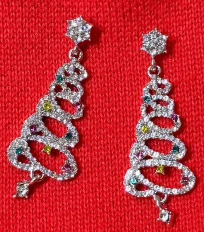 Festive Bling Rhinestone Inlay Silver Tone Spiral Design Christmas Tree Drop Dangle Earrings