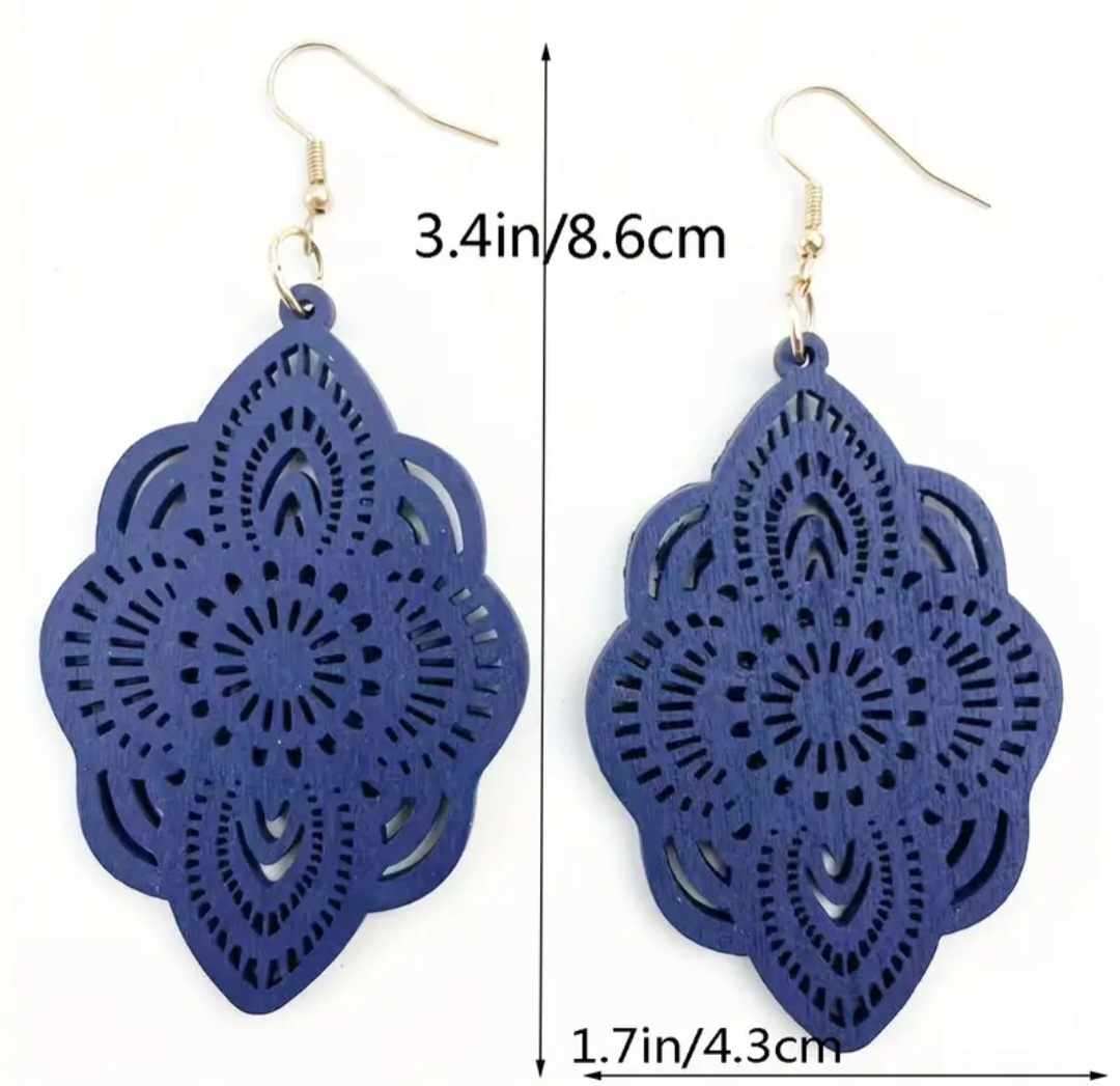 Extra Large Lightweight Wood Navy Blue Scalloped Flower Design Dangle Earrings