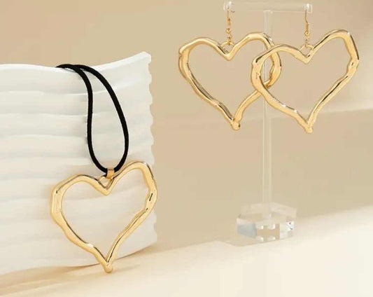 Giant Gold Plated Hollow Heart On Long Black Cord With Matching Large Heart Earrings