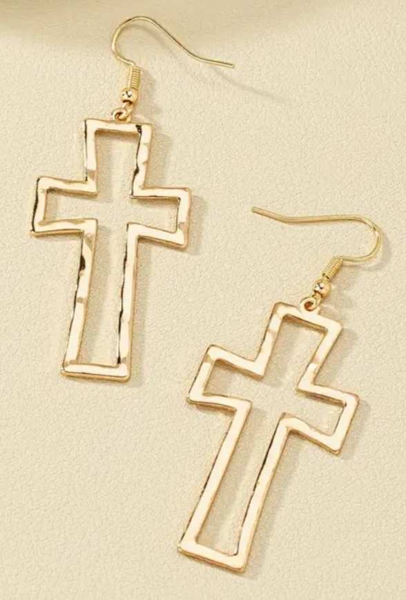 Gold Plated Large Hammered Metal Hollow Cross Dangle Earrings