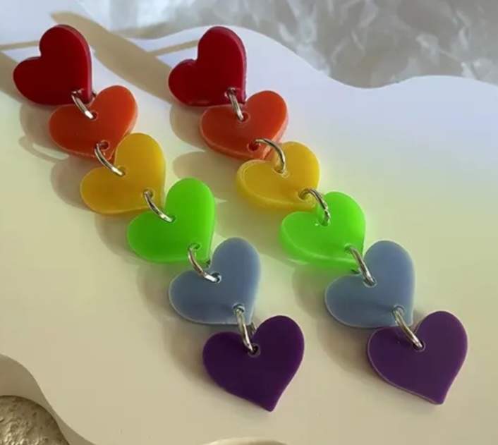 Candy Colours 6 Heart Bright Fun Rainbow Acrylic Drop Dangle Earrings