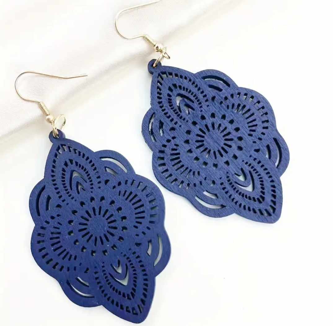 Extra Large Lightweight Wood Navy Blue Scalloped Flower Design Dangle Earrings