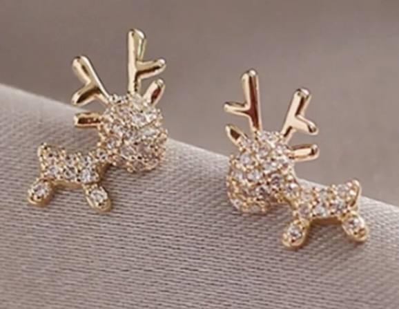 Mini Sparkling Christmas Gold Plated Rhinestone Festive Reindeer Deer Stud Earrings