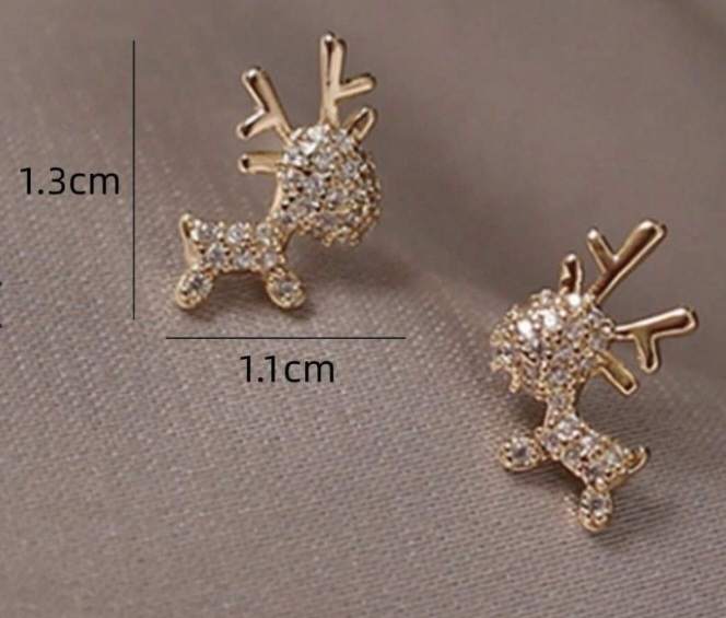 Mini Sparkling Christmas Gold Plated Rhinestone Festive Reindeer Deer Stud Earrings