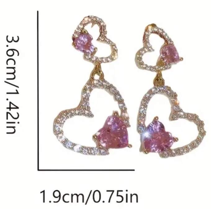 Double Hollow Hearts Sparkling Pink And White Rhinestone Zircon Gold Plated Drop Dangle Earrings