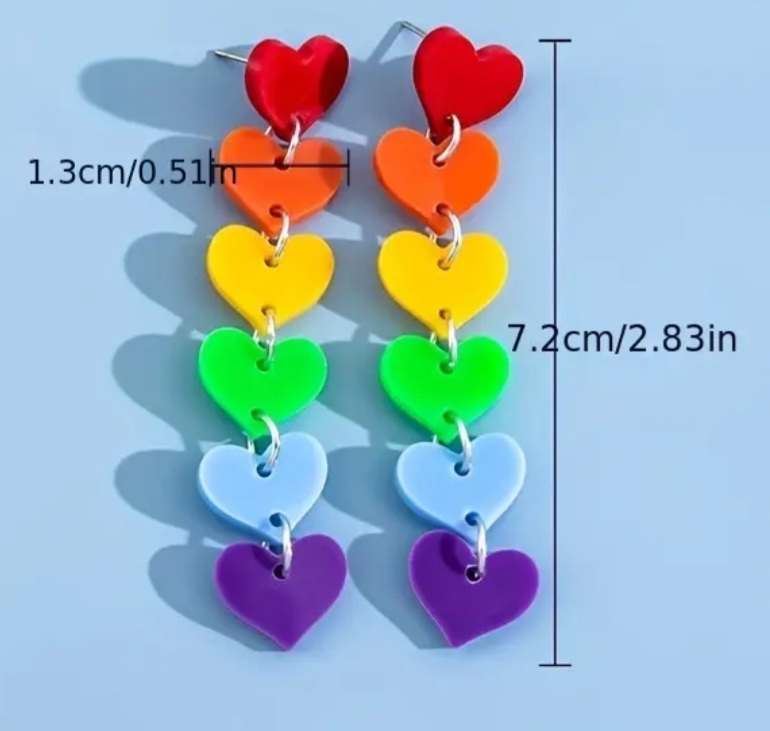 Candy Colours 6 Heart Bright Fun Rainbow Acrylic Drop Dangle Earrings