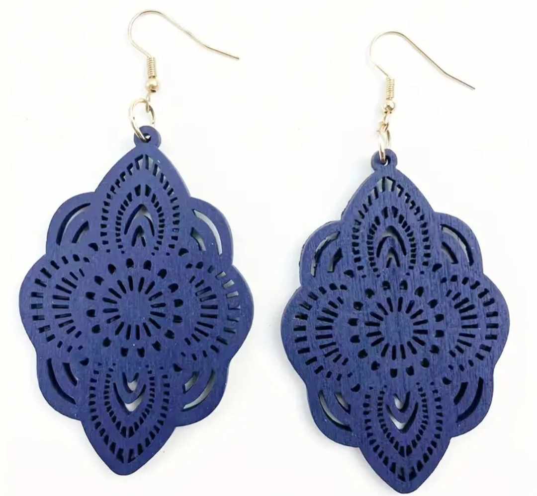 Extra Large Lightweight Wood Navy Blue Scalloped Flower Design Dangle Earrings