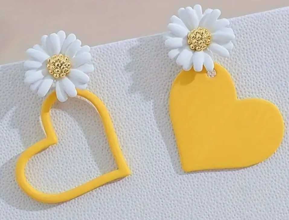 Daisy Flower and Heart White Yellow Painted Enamel Metal Mismatched Stud Earrings