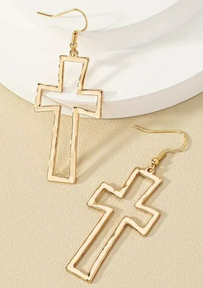 Gold Plated Large Hammered Metal Hollow Cross Dangle Earrings