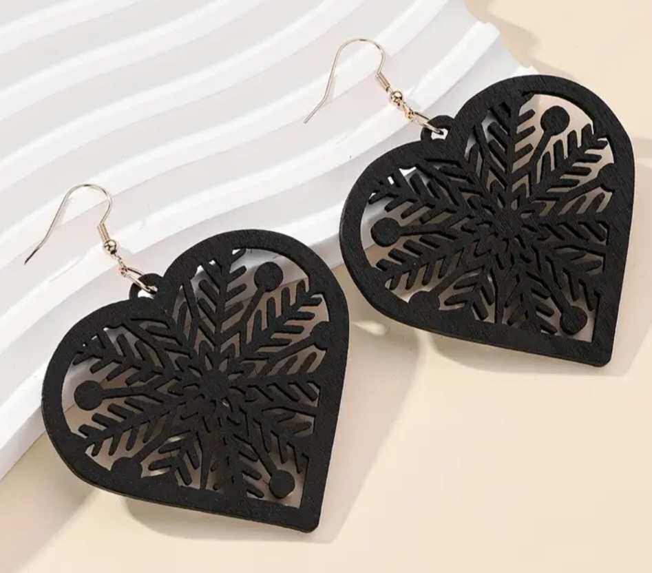 Extra Large Lightweight Unique Black Wood Snowflake Heart design Dangle Earrings