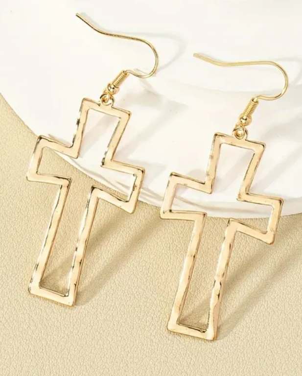 Gold Plated Large Hammered Metal Hollow Cross Dangle Earrings