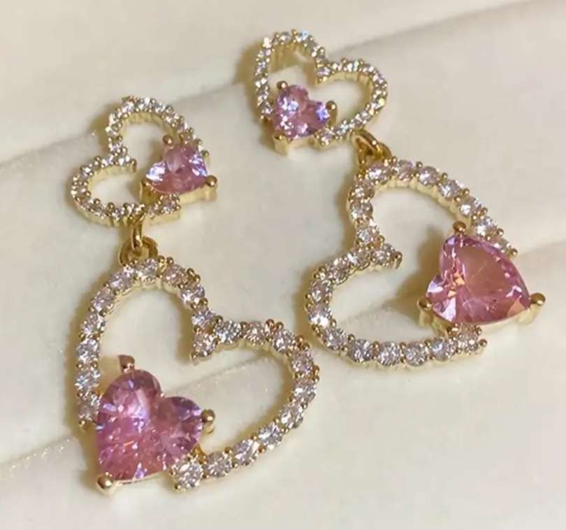 Double Hollow Hearts Sparkling Pink And White Rhinestone Zircon Gold Plated Drop Dangle Earrings