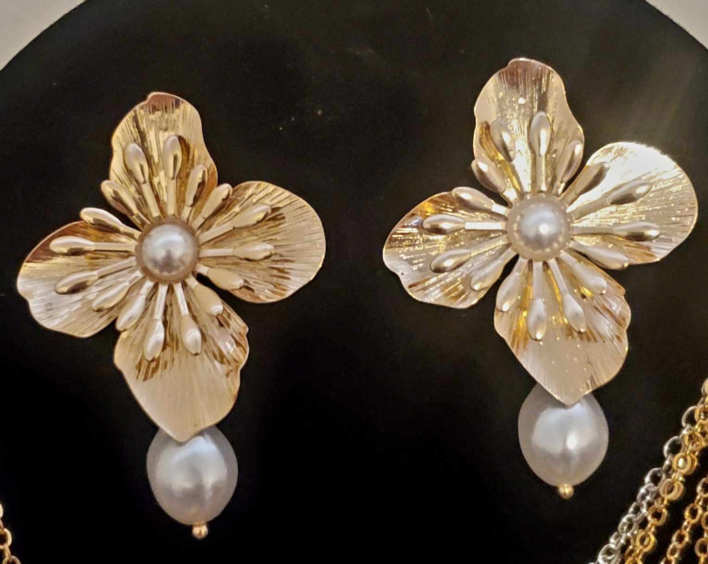 Elegant Extra Large Gold Plated Flower With Faux Pearl Drops Dangle Stud Earrings