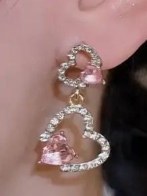 Double Hollow Hearts Sparkling Pink And White Rhinestone Zircon Gold Plated Drop Dangle Earrings