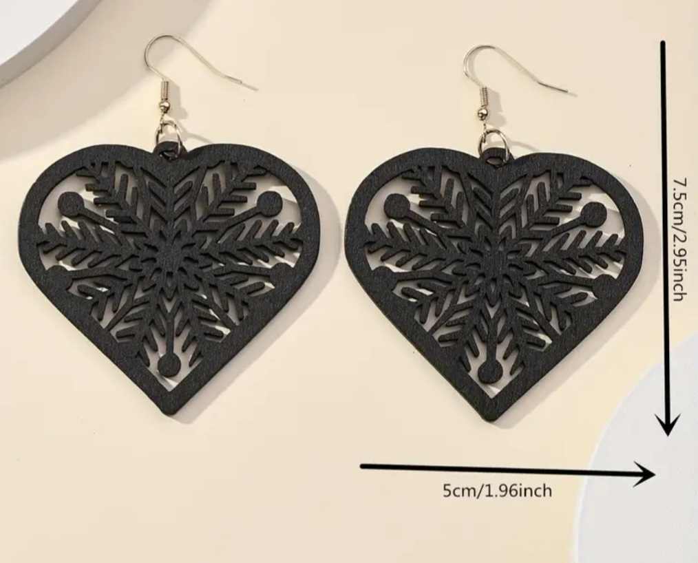 Extra Large Lightweight Unique Black Wood Snowflake Heart design Dangle Earrings