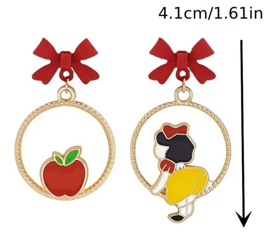 Mismatch Princess Snow White Inspired  Poison Apple Red Bow Silver Plated Enamel Drop Earrings