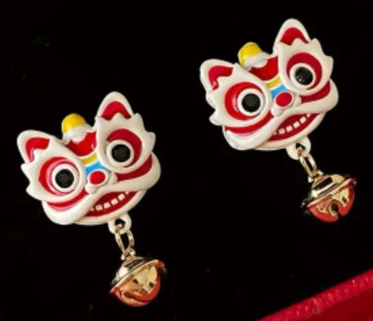 Chinese Lion Face With Bell Good Luck Cute Small Stud Earrings Perfect For Chinese New Year Or Everyday