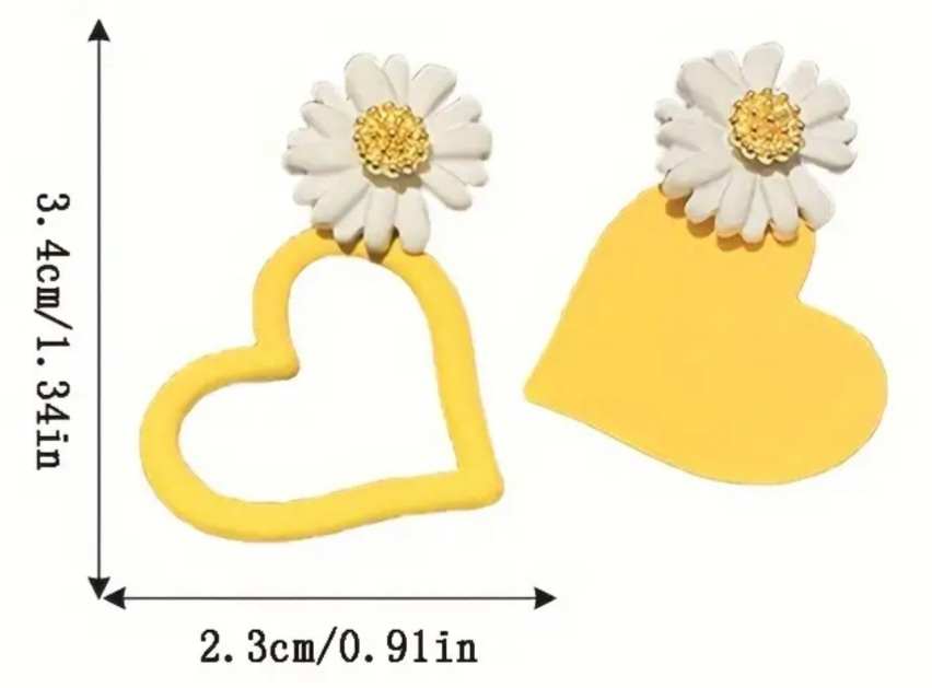 Daisy Flower and Heart White Yellow Painted Enamel Metal Mismatched Stud Earrings