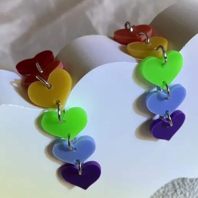 Candy Colours 6 Heart Bright Fun Rainbow Acrylic Drop Dangle Earrings