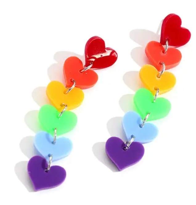 Candy Colours 6 Heart Bright Fun Rainbow Acrylic Drop Dangle Earrings