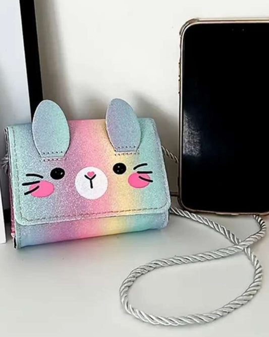 Adorable Kawaii Cute Mini Sparkle Rainbow Rabbit Bunny PU Vegan Leather Hand Bag Purse With Silver Rope Strap