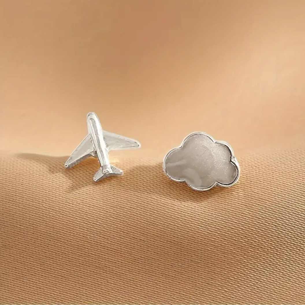 Come Fly With Me Holiday Vacation Silver Plated Cute Little Aeroplane Cloud Plane Stud Earrings