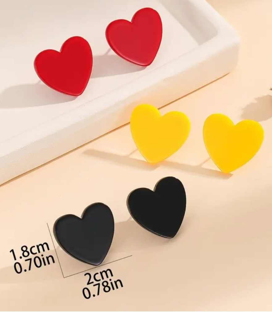 Acrylic Heart Stud Earrings Red Black Yellow Heart Design Set Of 3