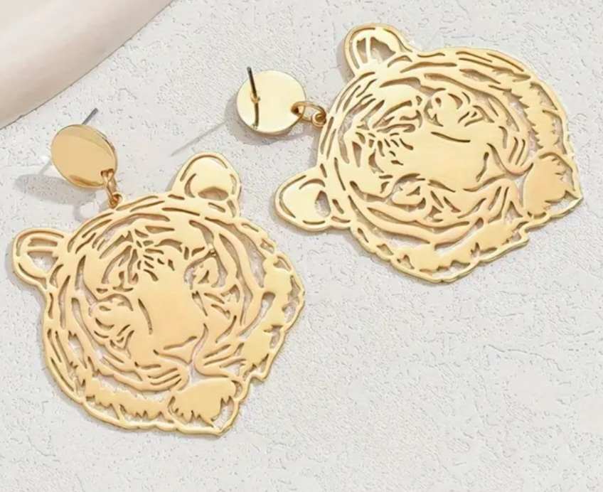 Bold Giant Shiny Lazer Cut Gold Plated Super Lightweight Tiger Head Design Drop Earrings