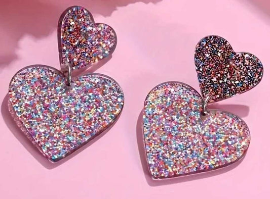 Double Heart Acrylic Sparkle Multi-Coloured Medium Size Sweet Drop Dangle Earrings