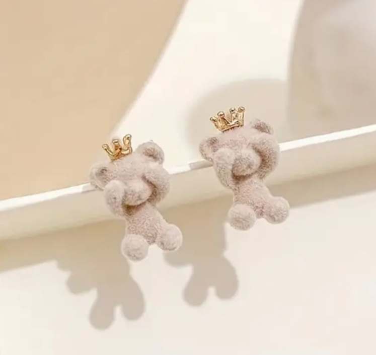 Beige Flocked Super Adorable Tiny Peek-A-Boo Teddy Bear With Gold Plated Crown Stud Earrings