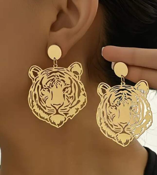 Bold Giant Shiny Lazer Cut Gold Plated Super Lightweight Tiger Head Design Drop Earrings